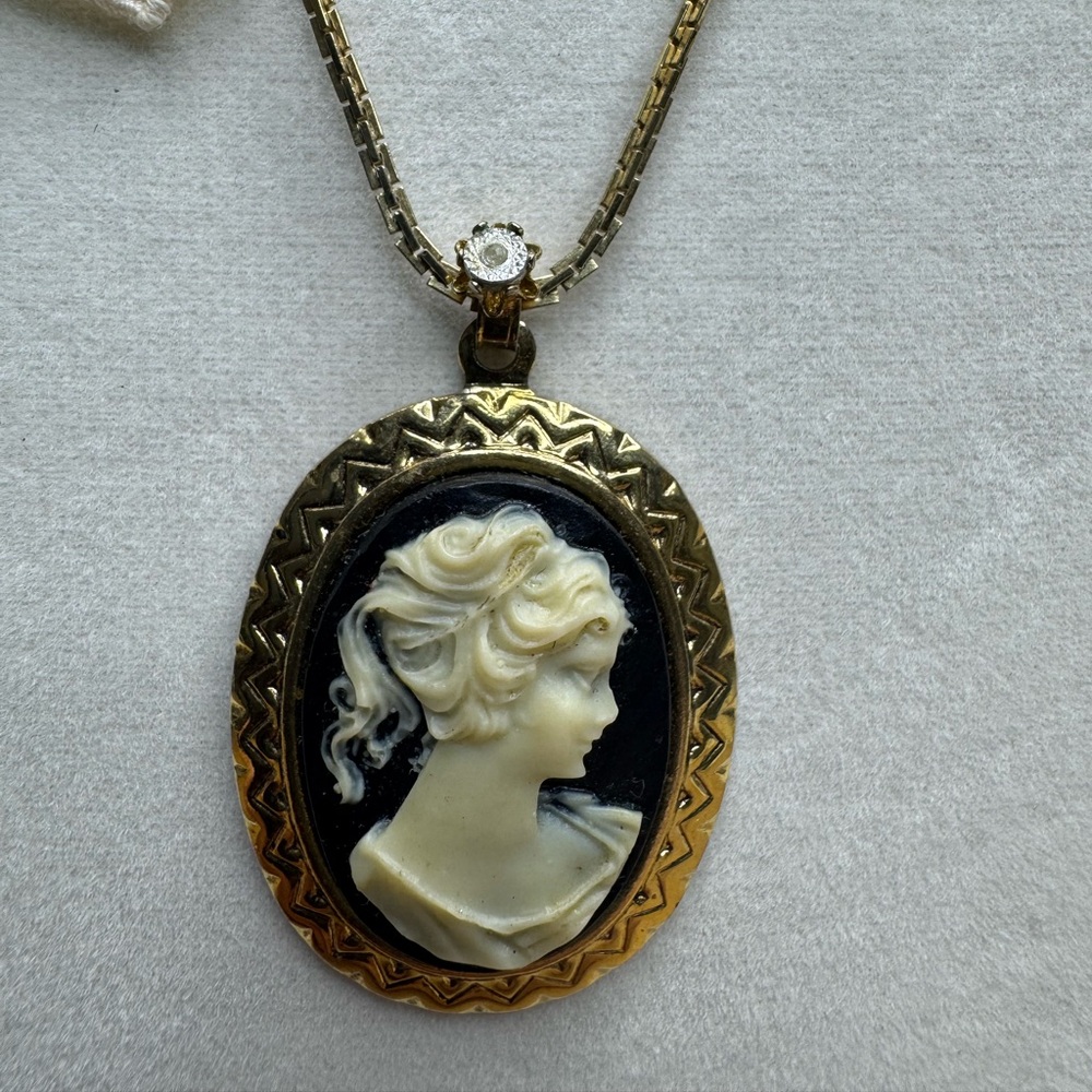 Elegant Gold and Black Cameo Pendant and Necklace